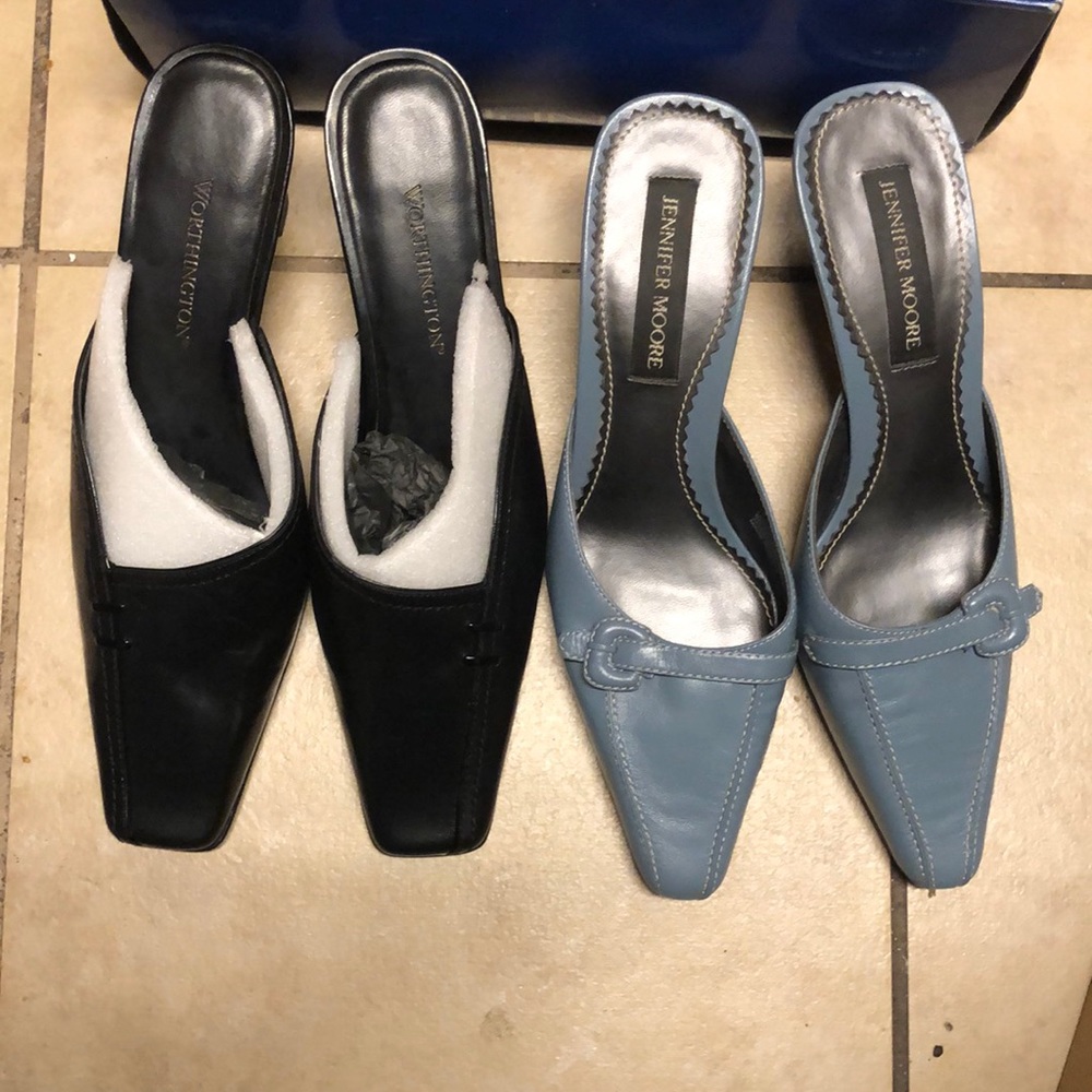 Two-fer lady’s leather heels.  Black 1.5,” blue 1.75”. Modest use. Like new.